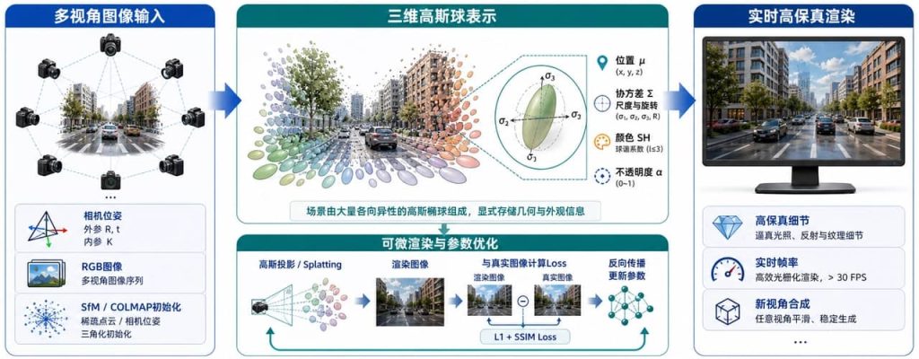 3DGS高斯椭球显式建模，实时神经渲染技术原理，用于自动驾驶虚拟场景重建